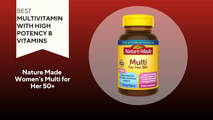 A red and black background with a white banner that reads Best Multivitamin with High Potency B Vitamins next to a brown and yellow bottle of Nature Made Multi for Her 50+