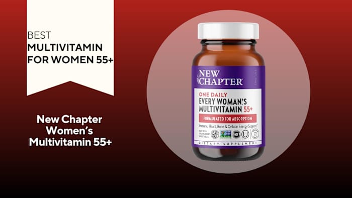 A red and black background with a white banner that reads Best Multivitamin for Women 55+ beside a bottle of New Chapter One Daily Every Woman's Multivitamin 55+