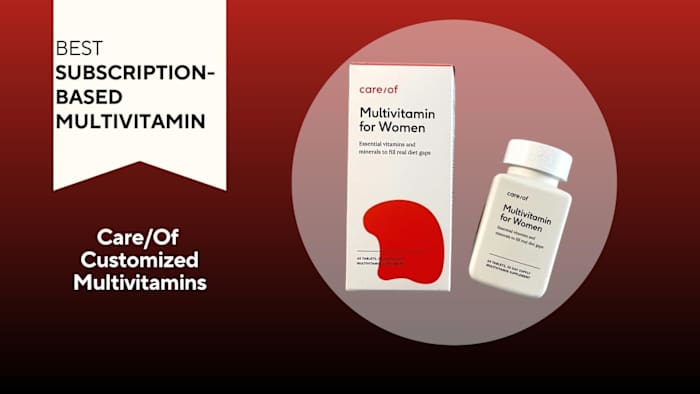 A red and black background with a white banner that reads Best Subscription-Based Multivitamin beside a box of customized Care/Of multivitamins for women
