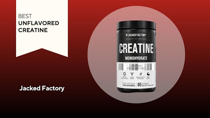 A black and white container of Jacked Factory Creatine Monohydrate against a red background.