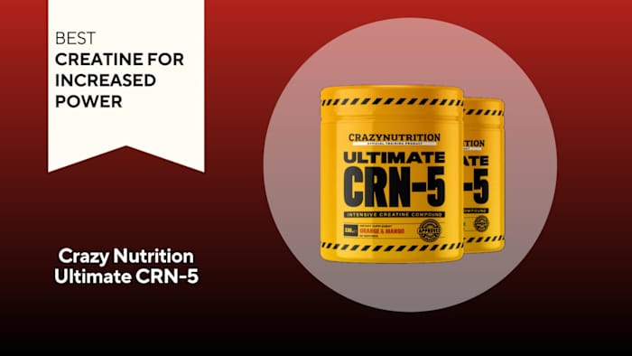 Two yellow and black containers of Crazy Nutrition Ultimate CRN-5 in Orange & Mango flavor against a red background.