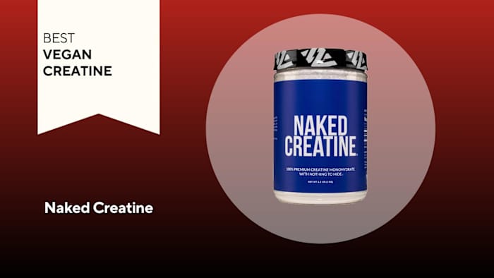 A blue container of Naked Creatine against a red background.