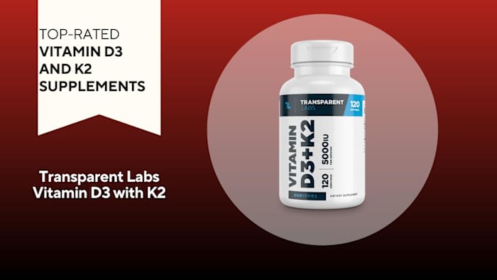 A bottle of Transparent Labs Vitamin K2 with D3 is pictured against a red background