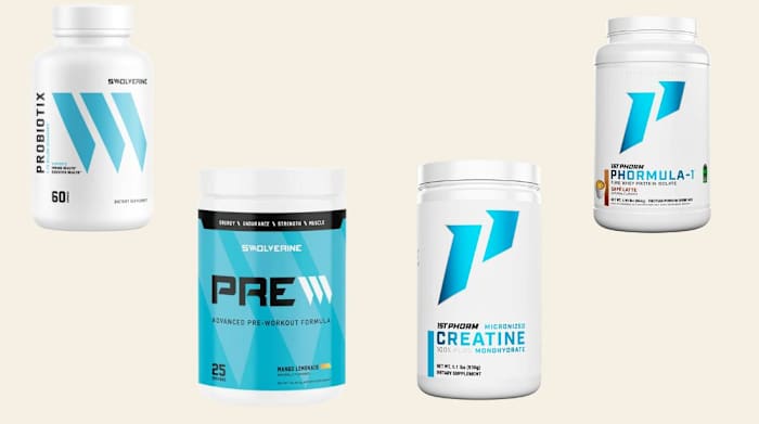 Cylindrical containers of Swolverine Probiotix and Preworkout and 1st Phorm Creatine and Whey Protein Powder
