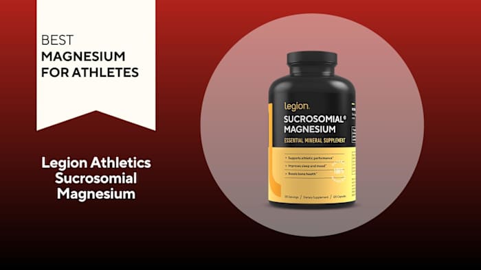 An image of a bottle of Legion Athletics Sucrosomial Magnesium against a red background.