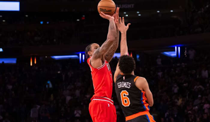 DeRozan puts up a shot against Quentin Grimes last season at Madison Square Garden