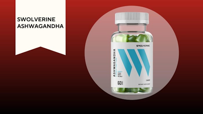 A red and black background with a white banner that reads Swolverine Ashwagandha next to a bottle of the same product