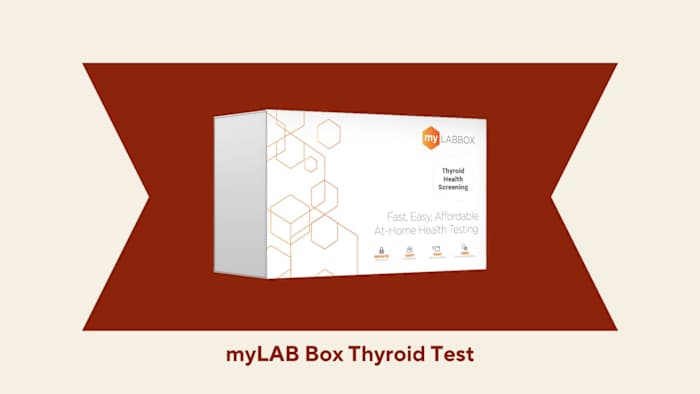 The myLAB Box at home thyroid test kit against a red and beige background