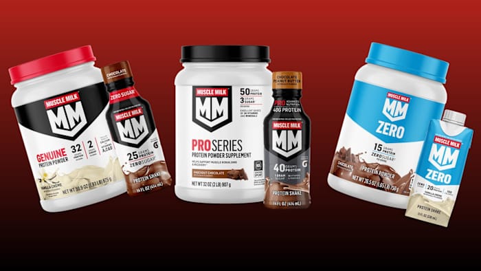 A red and black background with three lines of Muscle Milk Protein products, including Muscle Milk Genuine powder and shake, Muscle Milk Pro Advanced series powder and shake, and Muscle Milk Zero series powder and shake