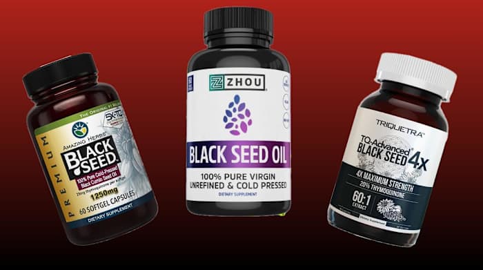 A red and black background with three lines of Best Black Seed Oil Supplements products, including Zhou Organic Black Seed Oil, Amazing Herbs Black Seed Capsules, and Triquetra Black Seed Oil
