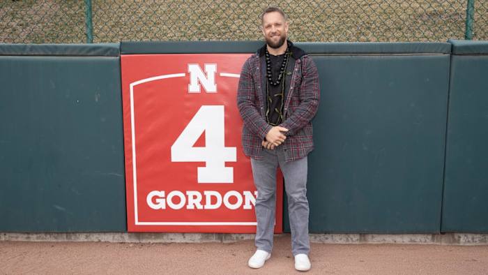 Alex Gordon at his Nebraska jersey retirement in the spring (March 24, 2023)