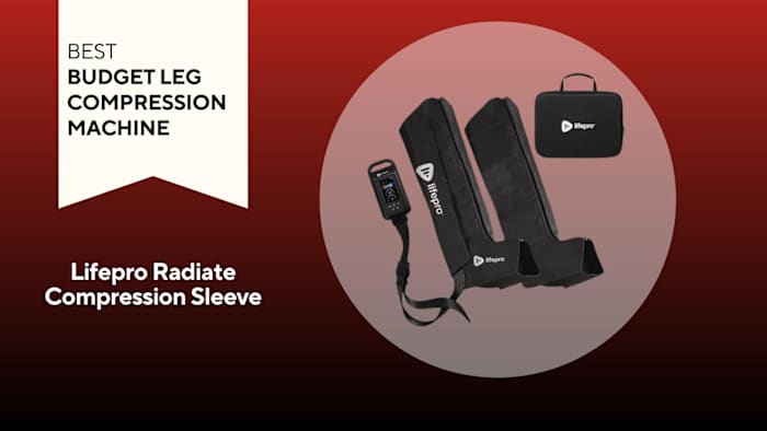 lifepro leg compression machine and carrying case on red background