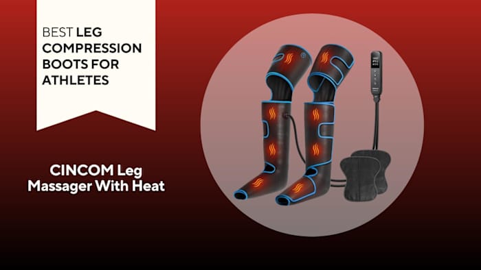 image of cincom leg massager and remote control on a red background