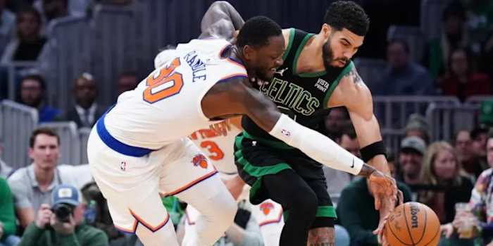 Julius Randle (30) has been forced into 42 road games, including an extra date with Jayson Tatum and the Celtics