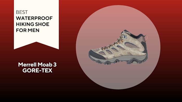 brown merrell moab 3 gore-tex hiking boot on red background