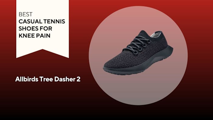 An image of an Allbirds Tree Dasher 2 against a red background.