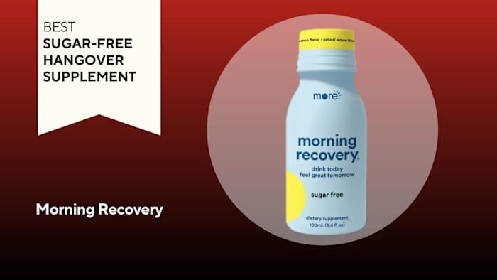 A light blue and yellow bottle of Morning Recovery sugar-free hangover supplement against a red background.