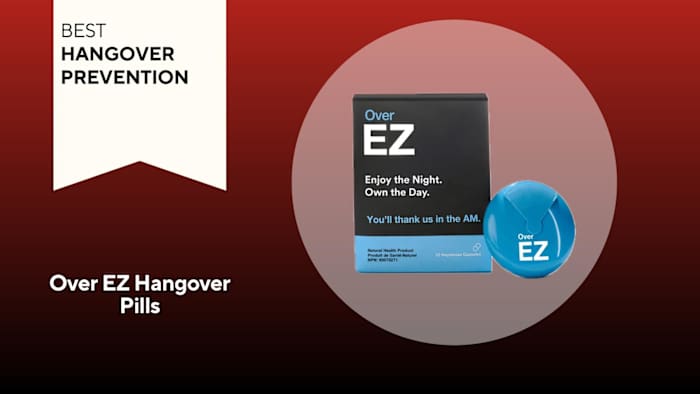 A turquoise blue and black box of Over EZ Hangover Pills against a red background.
