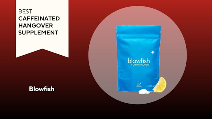 A royal blue bag of Blowfish hangover supplement against a red background