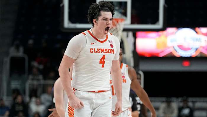 Clemson Tigers forward Ian Schieffelin reacts after scoring a basket