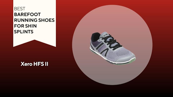 An image of a purple-grey Xero HFS II running shoe against a red background.