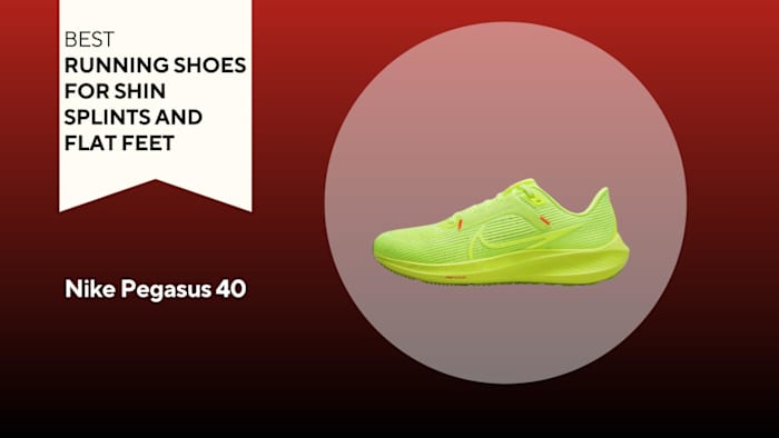 An image of a neon yellow Nike Pegasus 40 running shoe against a red background.
