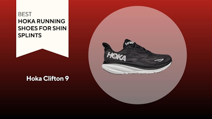 An image of a black Hoka Clifton 9 shoe against a red background.