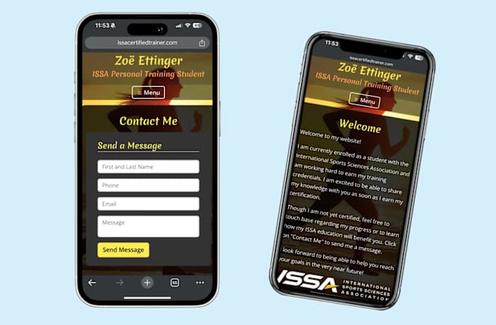 Screenshots of the ISSA nutritionist course's free webpage tool overlaid on iPhone screens on a blue background