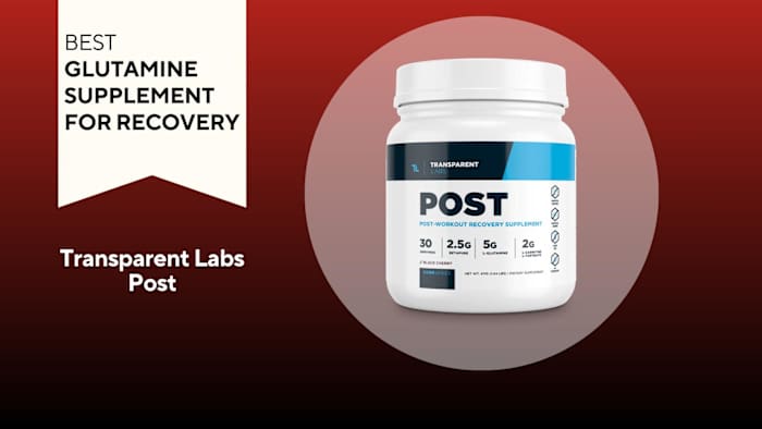 A white container with blue writing on a red background of Transparent Labs Post, our pick for the best glutamine supplement for recovery