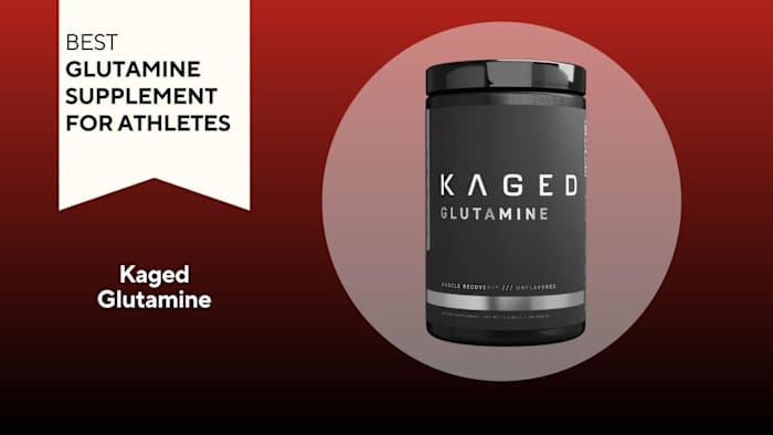 A black container with white writing on a red background of Kaged Glutamine, our pick for the best glutamine supplement for athletes