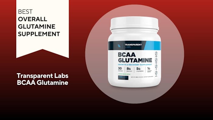 A white container with blue writing on a red background of transparent labs bcaa glutamine, our pick for the best glutamine supplement overall