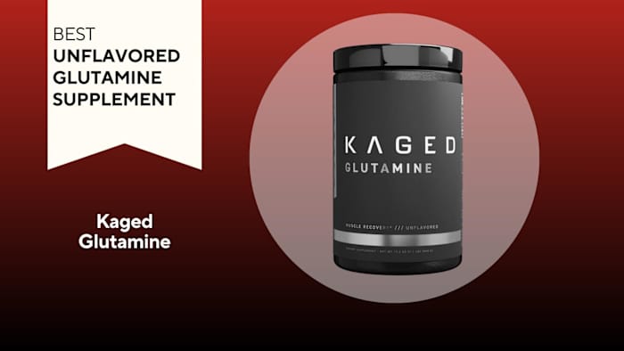 A black container with white writing on a red background of Kaged Glutamine, our pick for the best unflavored glutamine supplement