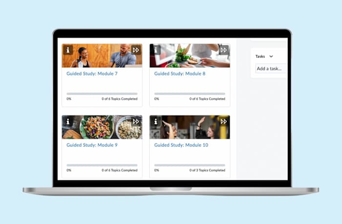 A screenshot of module 7, 8, 9 and 10 of the ISSA nutritionist course overlaid on a laptop background with a light blue background behind it