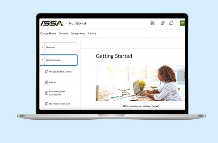 A screenshot of the ISSA nutritionist course homepage overlaid on a laptop screen on a blue background