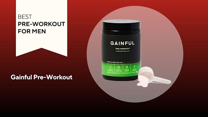 An image of a container of watermelon-flavored Gainful Pre-Workout against a red background.