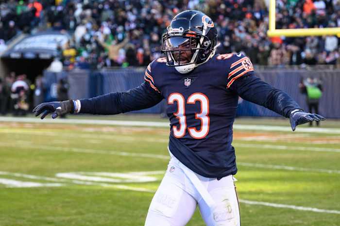 Chicago Bears cornerback Jaylon Johnson (33) celebrates a pass breakup in the fourth quarter against the Philadelphia Eagles at Soldier Field.