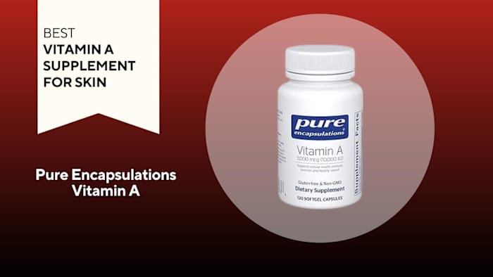 An image of a bottle of Pure Encapsulations Vitamin A against a red background.
