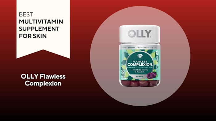An image of a bottle of OLLY Flawless Complexion gummies against a red background.