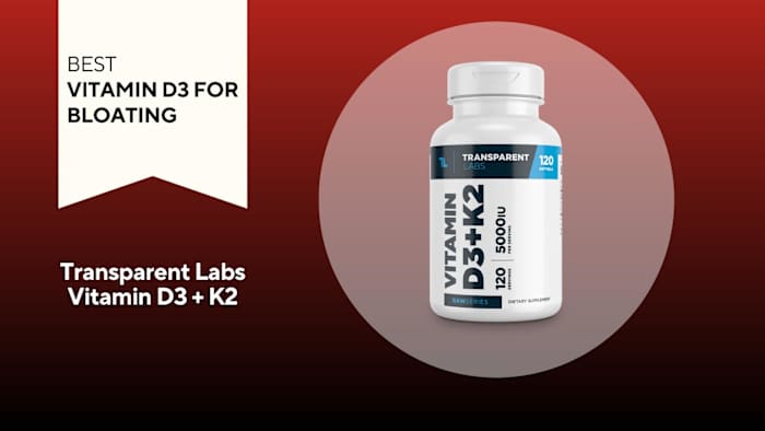A white container with blue writing on a red background of transparent labs vitamin D3+K2, our pick for the best vitamin D3 for bloating 