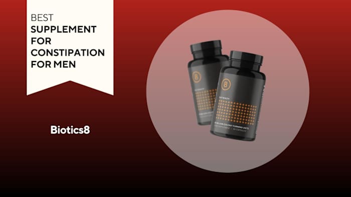 An image of a bottle of Biotics8 against a red background.