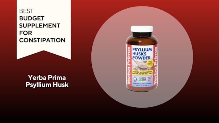 An image of a bottle of Yerba Prima Psyllium Husk powder against a red background.