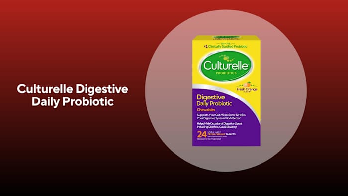 A yellow and purple box with a green label of culturelle digestive daily probiotic