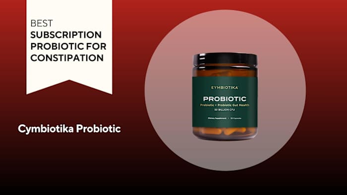 An image of a bottle of Cymbiotika Probiotic against a red background.