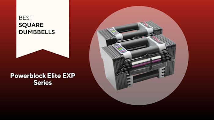 rectangular-shaped adjustable dumbbell Powerblock brand on red background