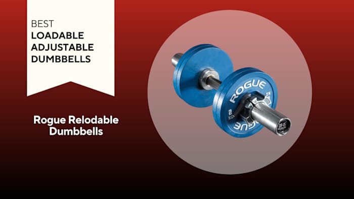 rogue adjustable dumbbells with blue weight plates on red background
