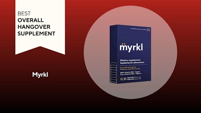 The dark navy blue box of the Myrkl hangover supplement against a red background.