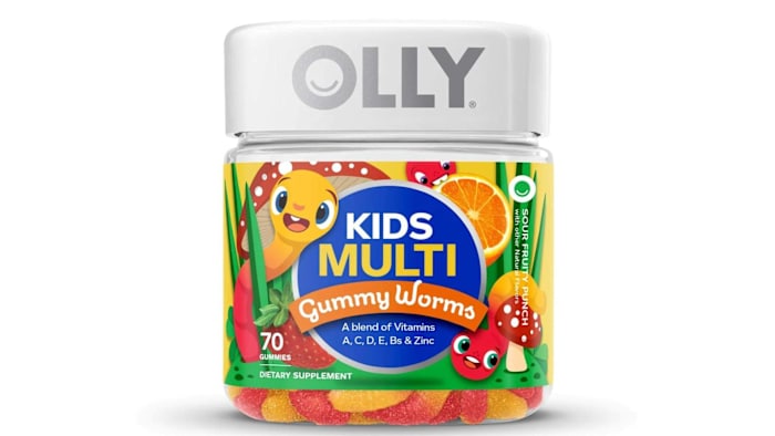 A colorful container of the Olly Kids Multi Gummy Worms in Sour Fruit Punch flavor against a white background.