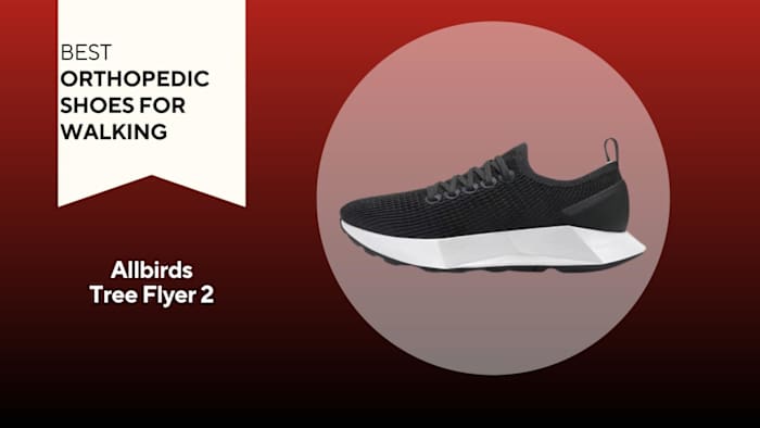 A red and black background with a white banner that reads Best Orthopedic Shoes for Walking. Beside the banner is a picture of an Allbirds Tree Flyer 2