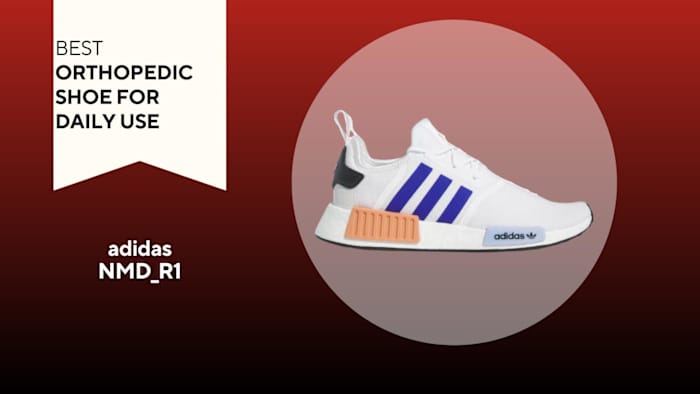 A red and black background with a white banner that reads Best Orthopedic Shoe for Daily Use next to a white, blue and orange adidas NMD_R1