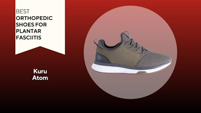 A red and black background with a white banner that reads Best Orthopedic shoes for plantar fasciitis beside a picture of a Kuru atom shoe